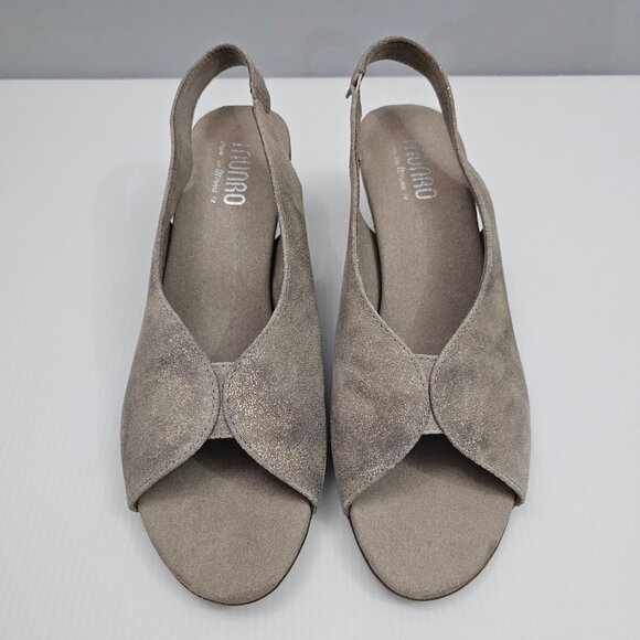 Munro Rochelle Heel Womens 9 Taupe Shimmer Suede Slingback Peep Toe Comfort - Picture 4 of 13